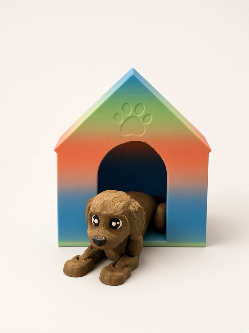 Pup and Kennel, Rainbow gradient dog house with flexi puppy