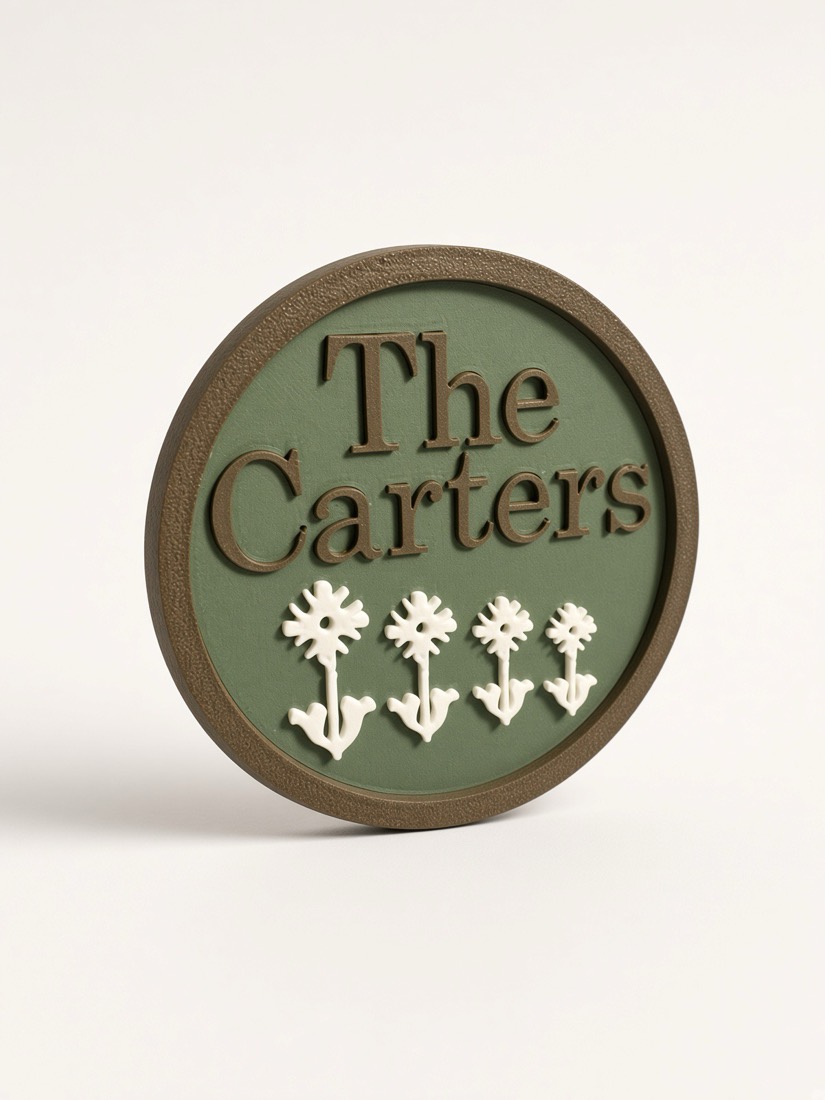 Family Plaque, Round nameplate, raised type and flowers