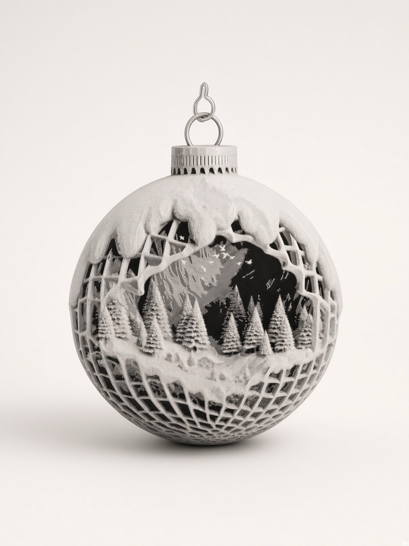 Snowscape Ornament, Layered scene inside a lattice bauble