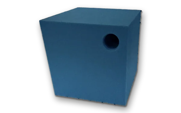 Photo of a blue tunls cube from the entry side, the bore at the top right; every cube is the same outside, the maze inside is this one's own