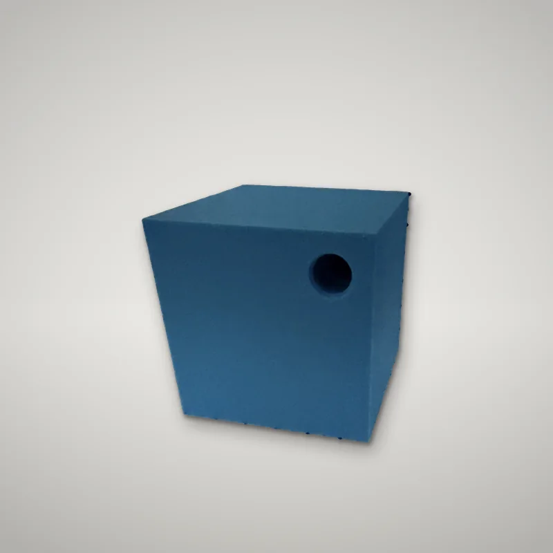 Photo of a blue tunls cube from the entry side, the bore at the top right; every cube is the same outside, the maze inside is this one's own