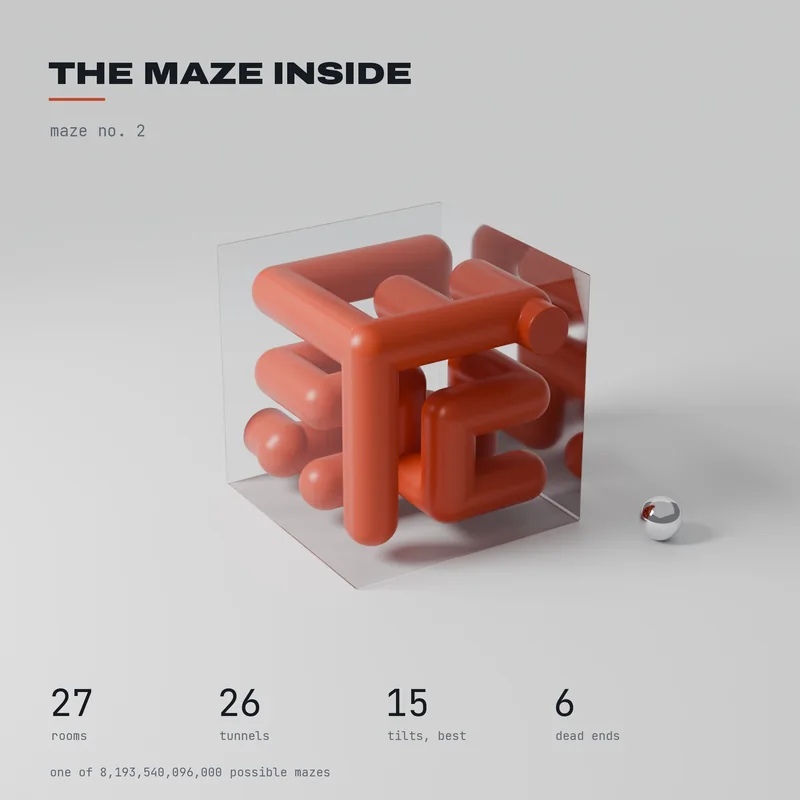 Drawing, not a photograph: the maze inside seed 2, its tunnels shown through a clear cube, 27 rooms, 26 tunnels, best 15 tilts
