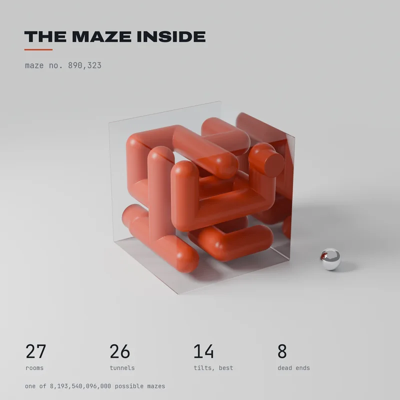 Drawing, not a photograph: the maze inside seed 890,323, its tunnels shown through a clear cube